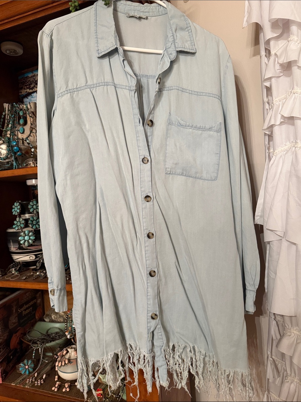 Light Blue Frayed-Hem Mini Dress Shirt - Brand Unknown